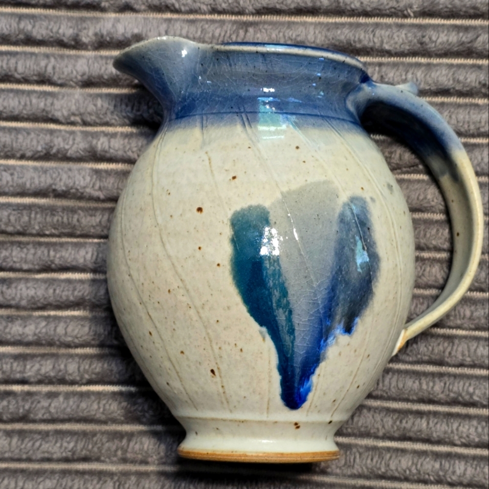 Gene Gandee Signed Pottery Pitcher Glazed Blue & Beige Vintage 2000